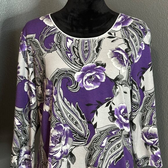 Karen Scott Womens Top XL Purple White Floral Paisley Print 3/4 Sleeve Blouse - Picture 2 of 8